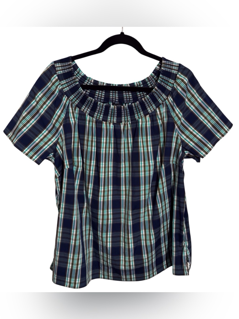 Talbots Size 1X Petite Off The Shoulder Blouse Top Plaid Short Sleeve Vacation